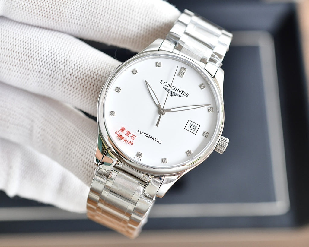 Longines automatic watch with silver-tone bracelet and white dial, stick markers