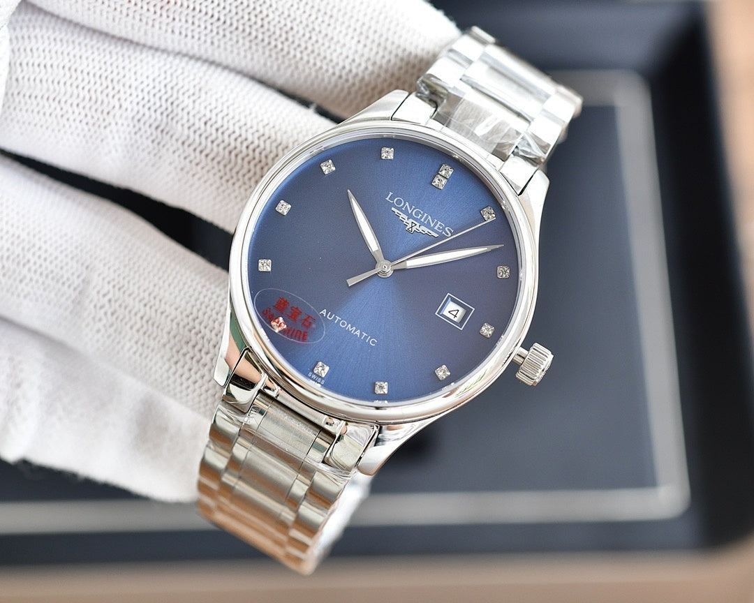 Longines automatic watch with silver-tone bracelet and blue dial, stick markers