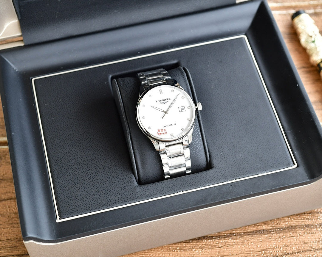Longines watch in black gift box with silver-tone bracelet and white dial