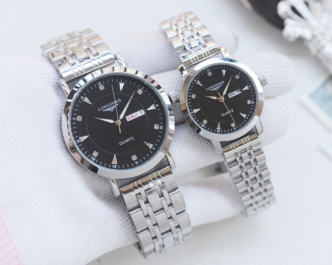 Longines quartz wristwatch set with silver metal bracelets and black dials