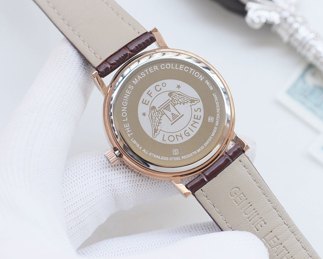 Longines quartz wristwatch with light brown leather strap and gold-toned case
