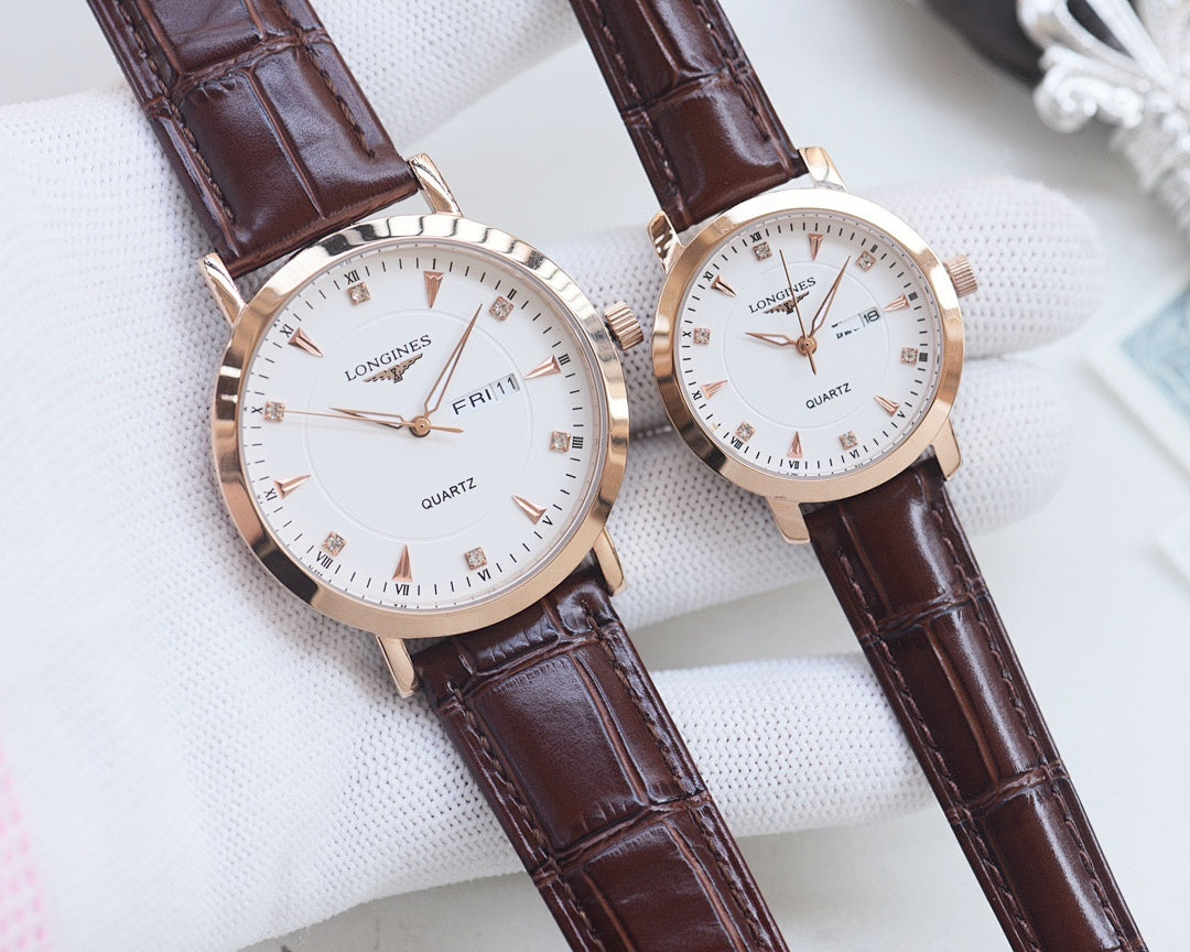 Longines quartz wristwatch set with brown leather straps and white dials