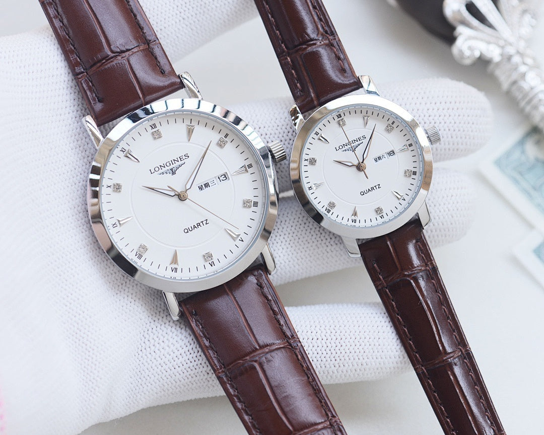 Longines quartz wristwatch set with brown leather straps and white dials
