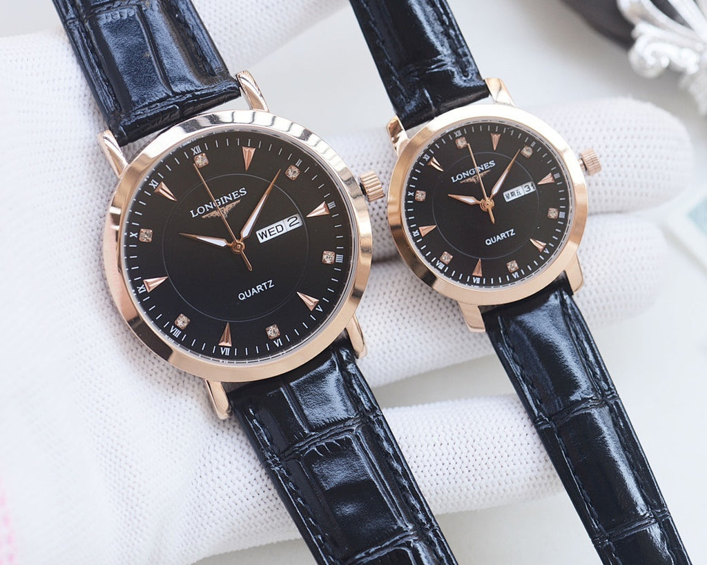 Longines quartz wristwatch set with dark blue leather straps and black dials