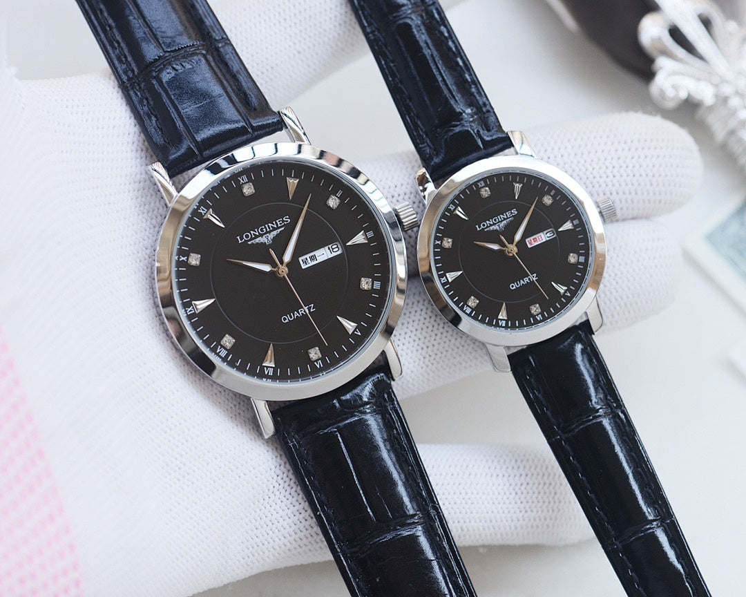 Longines quartz wristwatch set with dark blue leather straps and black dials