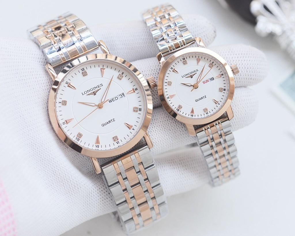 Longines quartz wristwatch set with silver metal bracelets and white dials