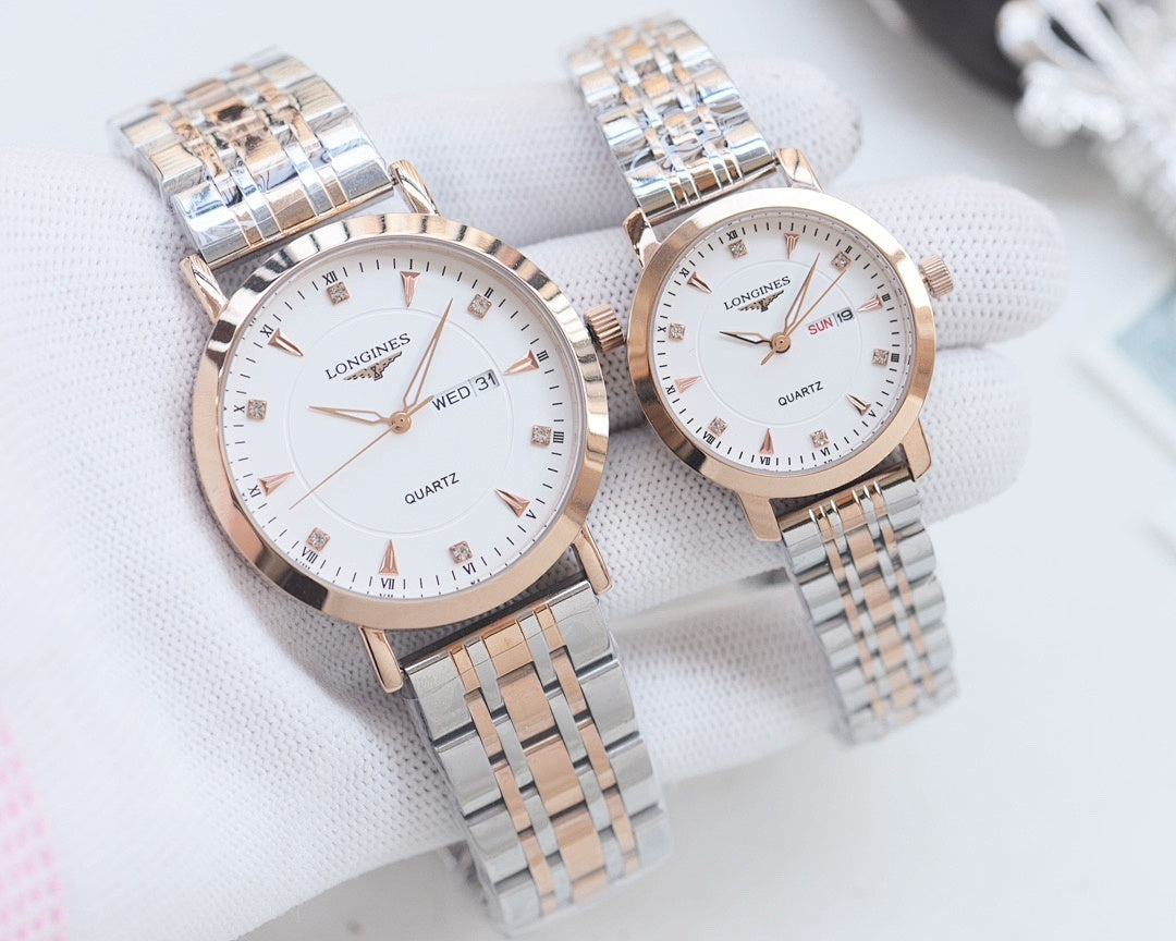 Longines quartz wristwatch set with silver metal bracelets and white dials