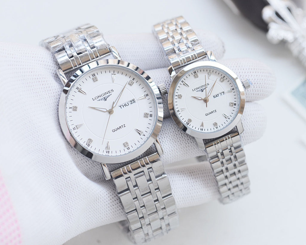 Longines quartz wristwatch set with silver metal bracelets and white dials