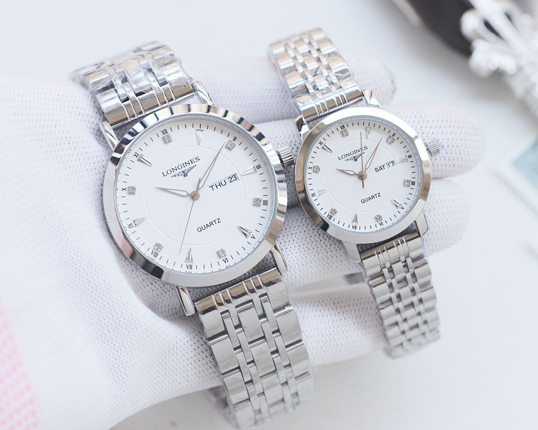 Longines quartz wristwatch set with silver metal bracelets and white dials