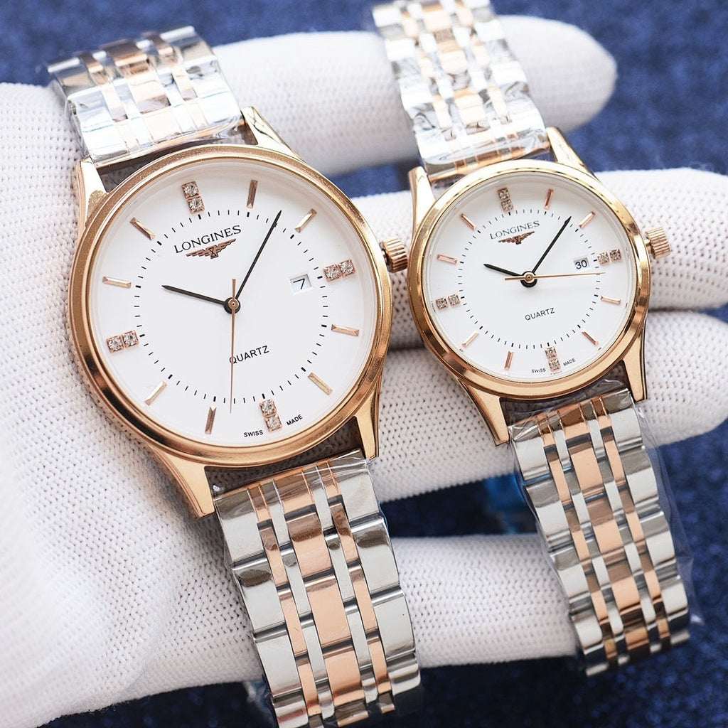 Longines quartz watch with white dial and silver metal bracelet