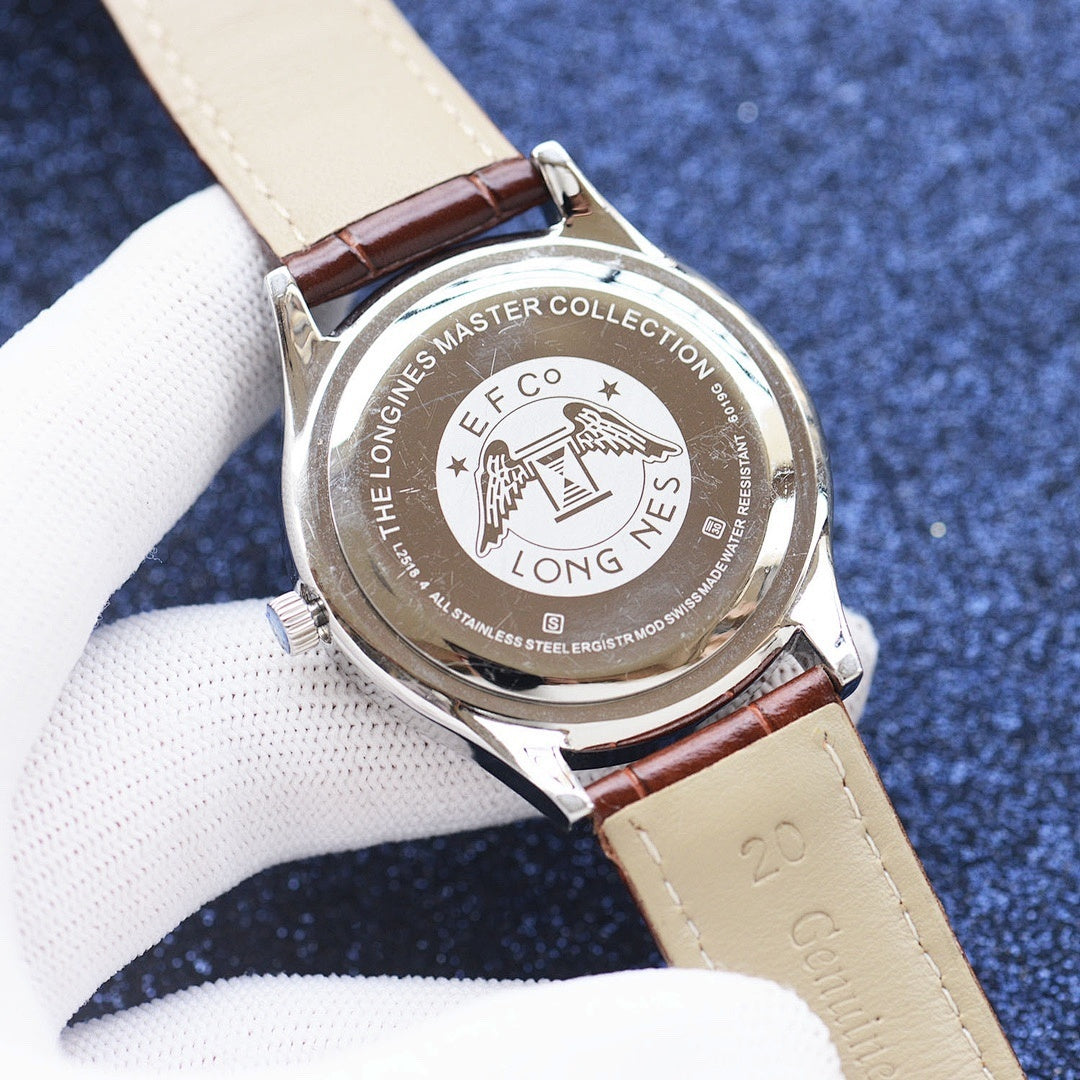Longines watch caseback with logo medallion and brown leather strap