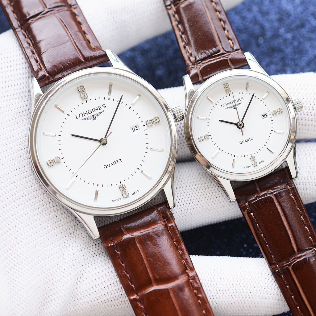Longines quartz watch with white dial and brown leather strap