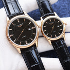 Longines quartz watch with black dial, rose-gold case, and black leather strap