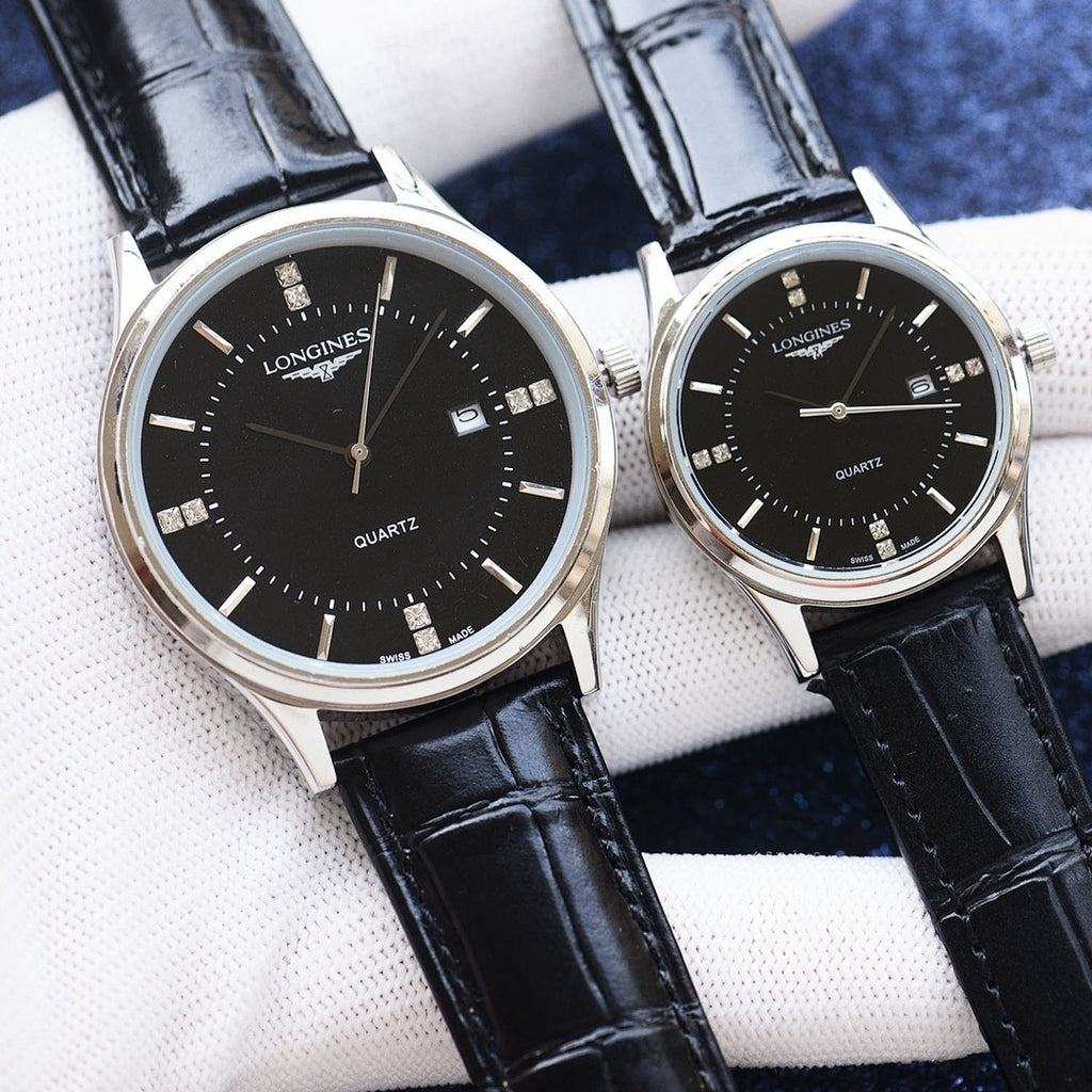Longines quartz watch with black dial and black leather strap