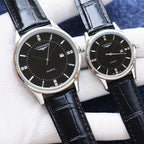Longines quartz watch with black dial and black leather strap