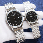 Longines quartz watch with black dial and silver metal bracelet, two views
