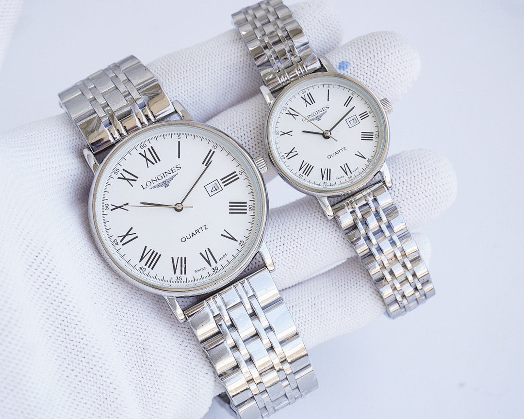 Longines quartz wristwatch with stainless steel bracelet and white dial, Roman numerals