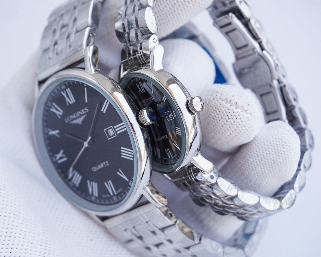 Longines quartz wristwatch close-up with black dial and stainless steel bracelet