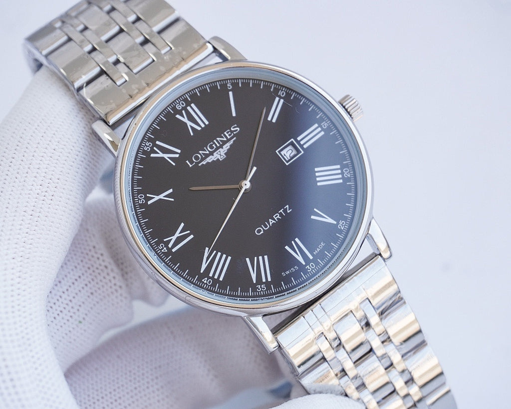 Longines quartz wristwatch with stainless steel bracelet and dark blue dial, Roman numerals