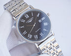 Longines quartz wristwatch with stainless steel bracelet and dark blue dial, Roman numerals