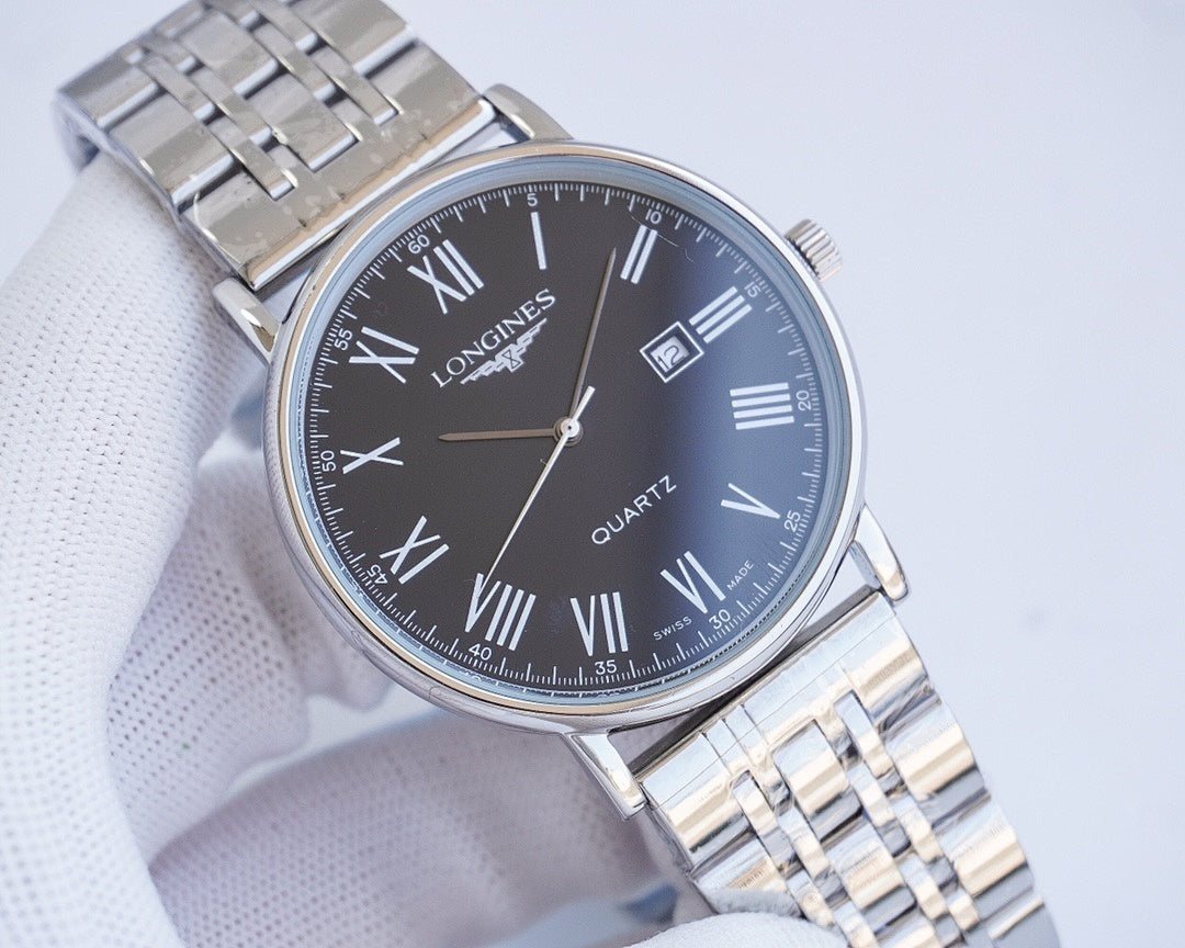 Longines quartz wristwatch with stainless steel bracelet and dark blue dial, Roman numerals