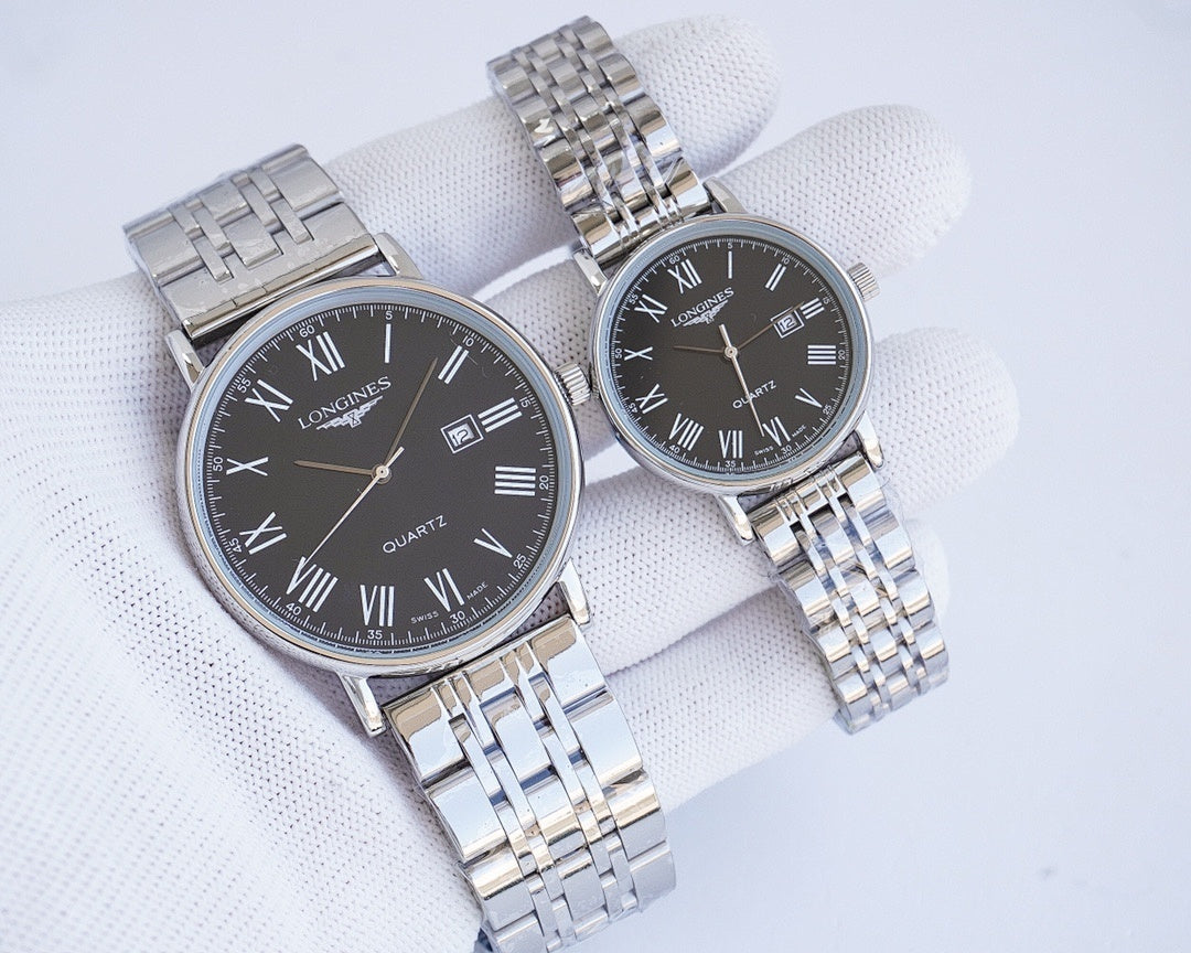 Longines quartz wristwatch with stainless steel bracelet and black dial, silver bezel