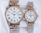 Pair of Longines quartz wristwatches with rose-gold cases, white dials, stainless bracelets