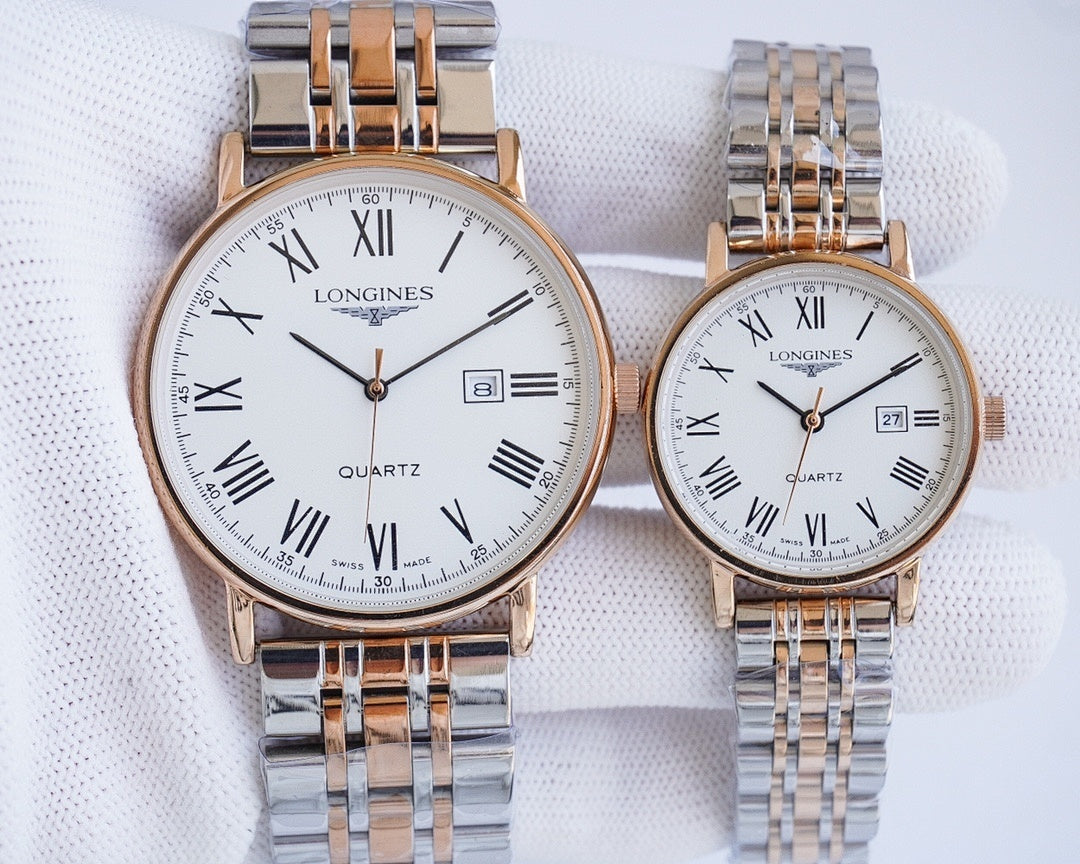 Pair of Longines quartz wristwatches with rose-gold cases, white dials, stainless bracelets