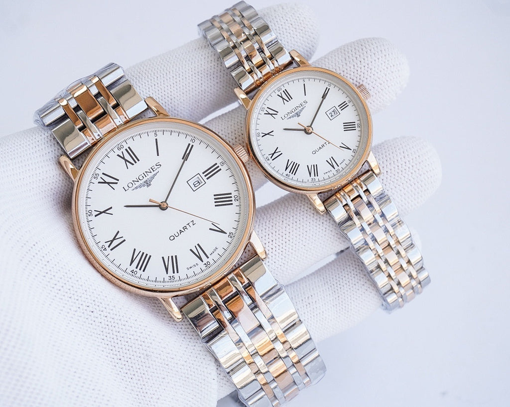 Pair of Longines quartz wristwatches with rose-gold cases, white dials, stainless bracelets