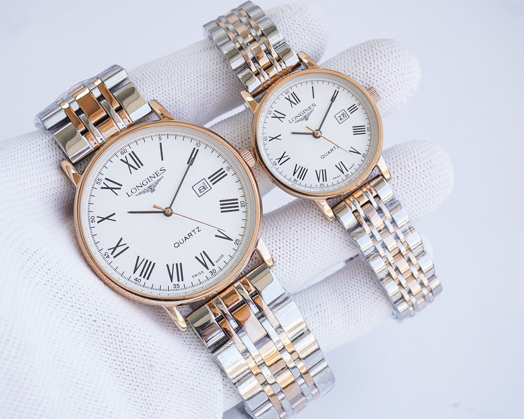Pair of Longines quartz wristwatches with rose-gold cases, white dials, stainless bracelets