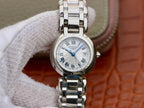 Longines wristwatch front view with silver bracelet, white dial, Roman numerals, blue hands