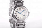 Longines wristwatch macro view of white dial, Roman numerals, blue hands, steel case