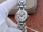 Longines wristwatch with white dial, Roman numerals, blue hands, date window, silver bracelet