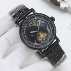 Longines wristwatch, black metal bracelet and dark blue dial with open-heart skeleton movement