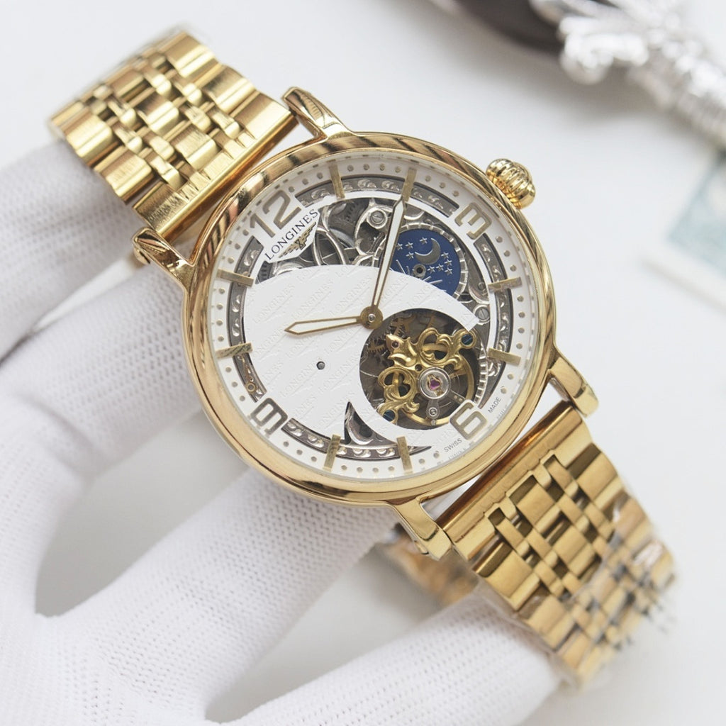 Longines wristwatch, gold-tone metal bracelet and white dial with skeleton movement details