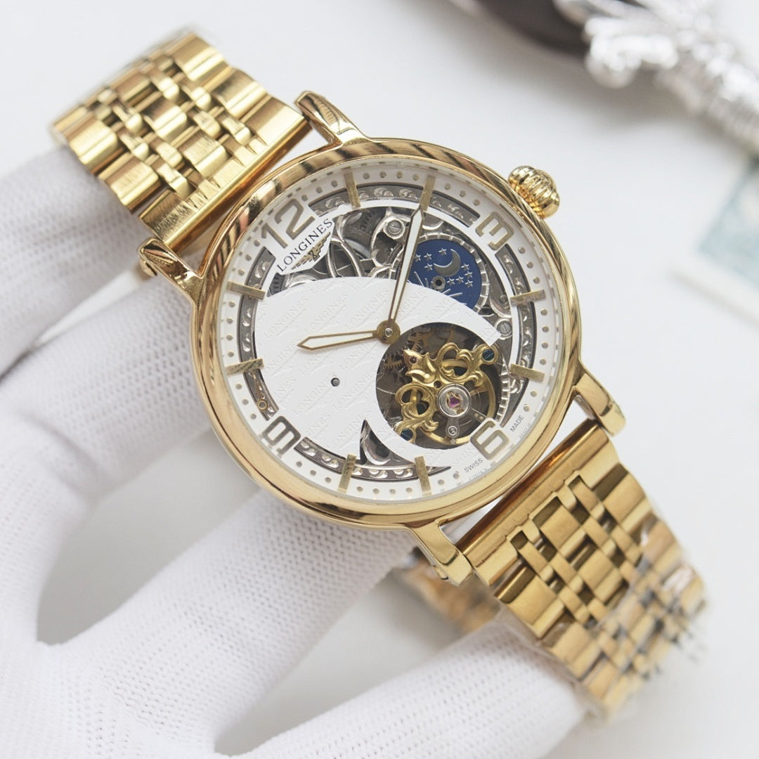 Longines wristwatch, gold-tone metal bracelet and white dial with skeleton movement details