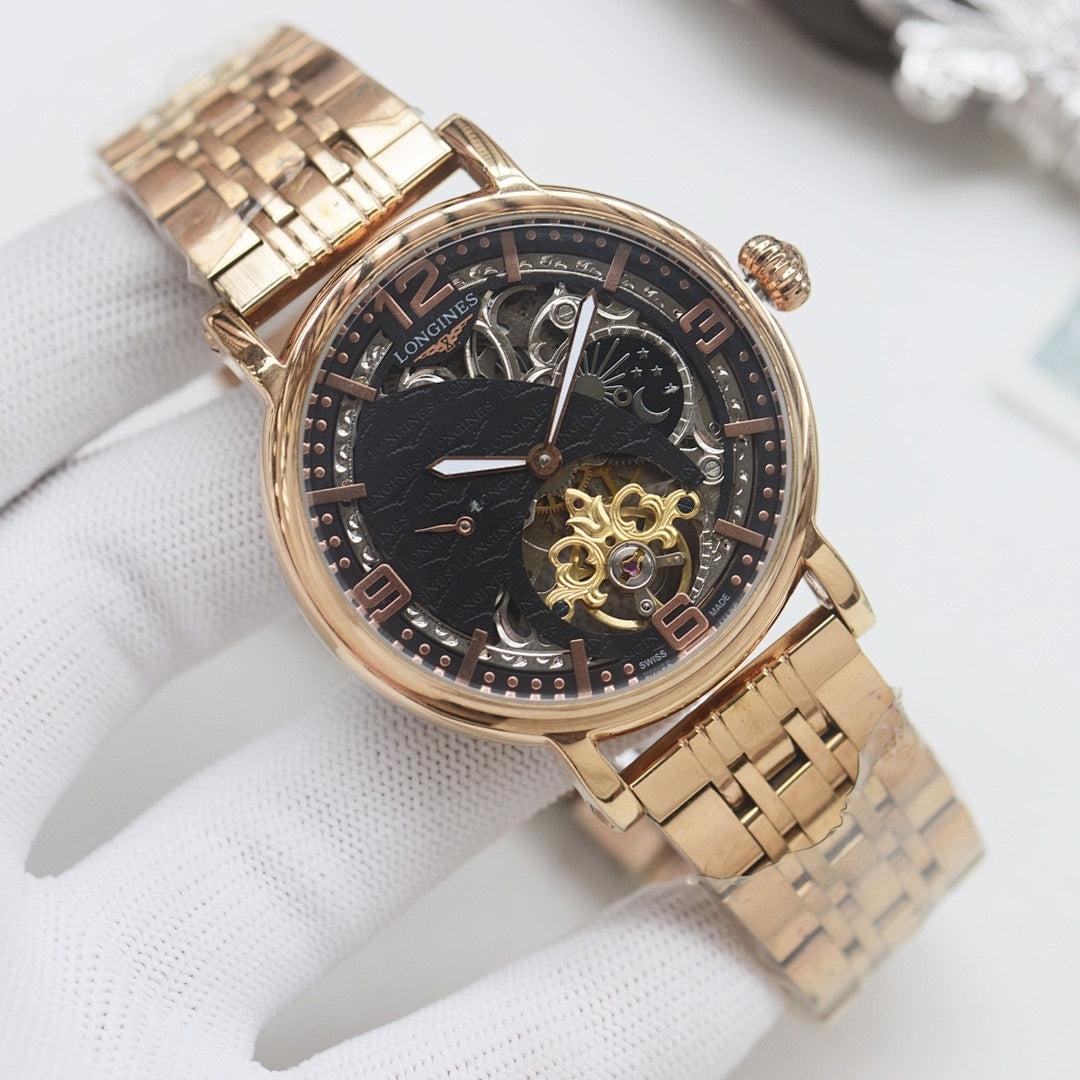 Longines wristwatch, gold-tone metal bracelet and dark dial with open-heart skeleton movement