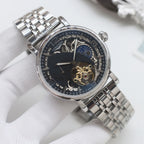 Longines wristwatch, silver-tone metal bracelet and dark dial with gold-tone skeleton movement