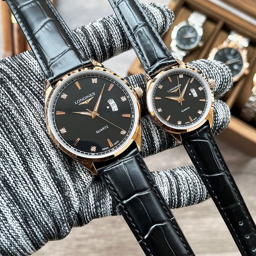 Pair of Longines quartz watches, black dials, black leather straps, gold-tone bezel