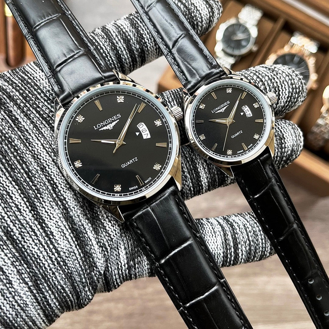 Pair of Longines quartz watches with black dials and black leather straps