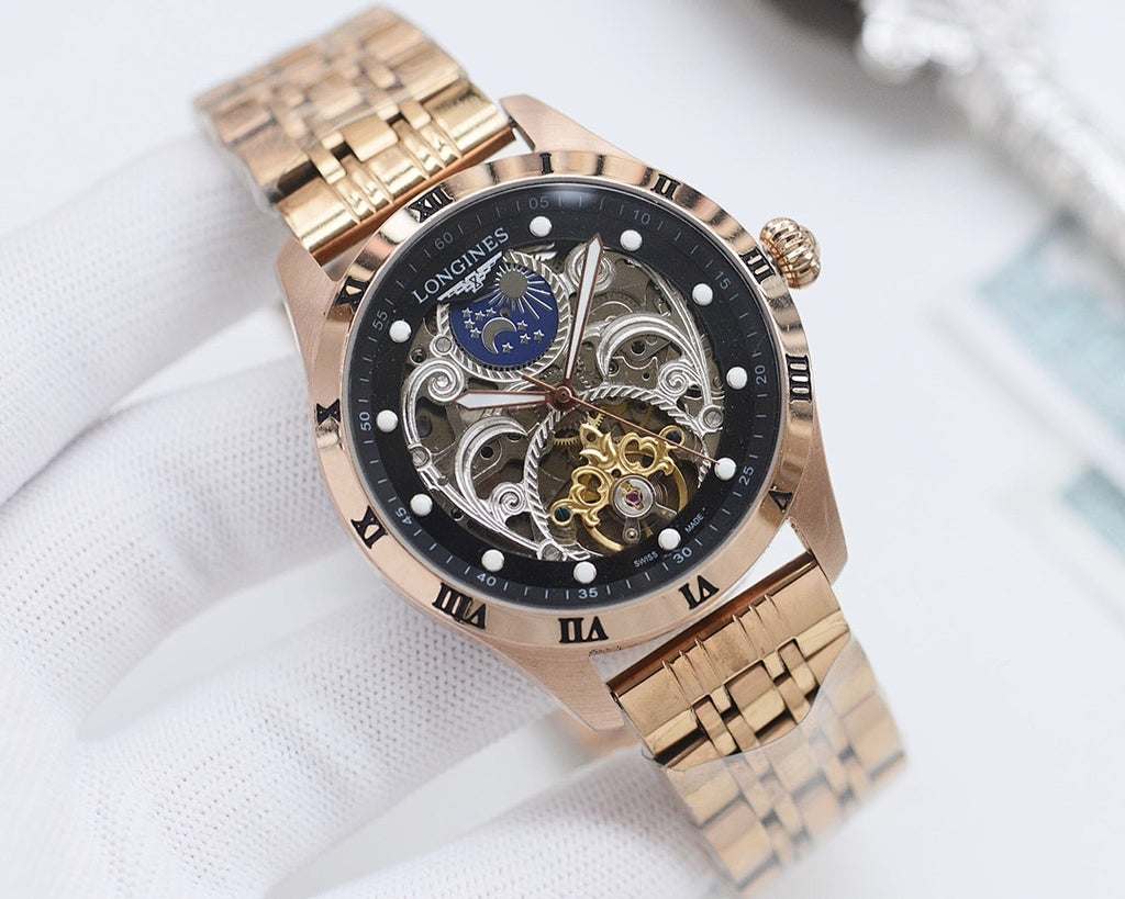 Longines watch with rose gold tone bracelet and round black skeleton dial with blue moon detail