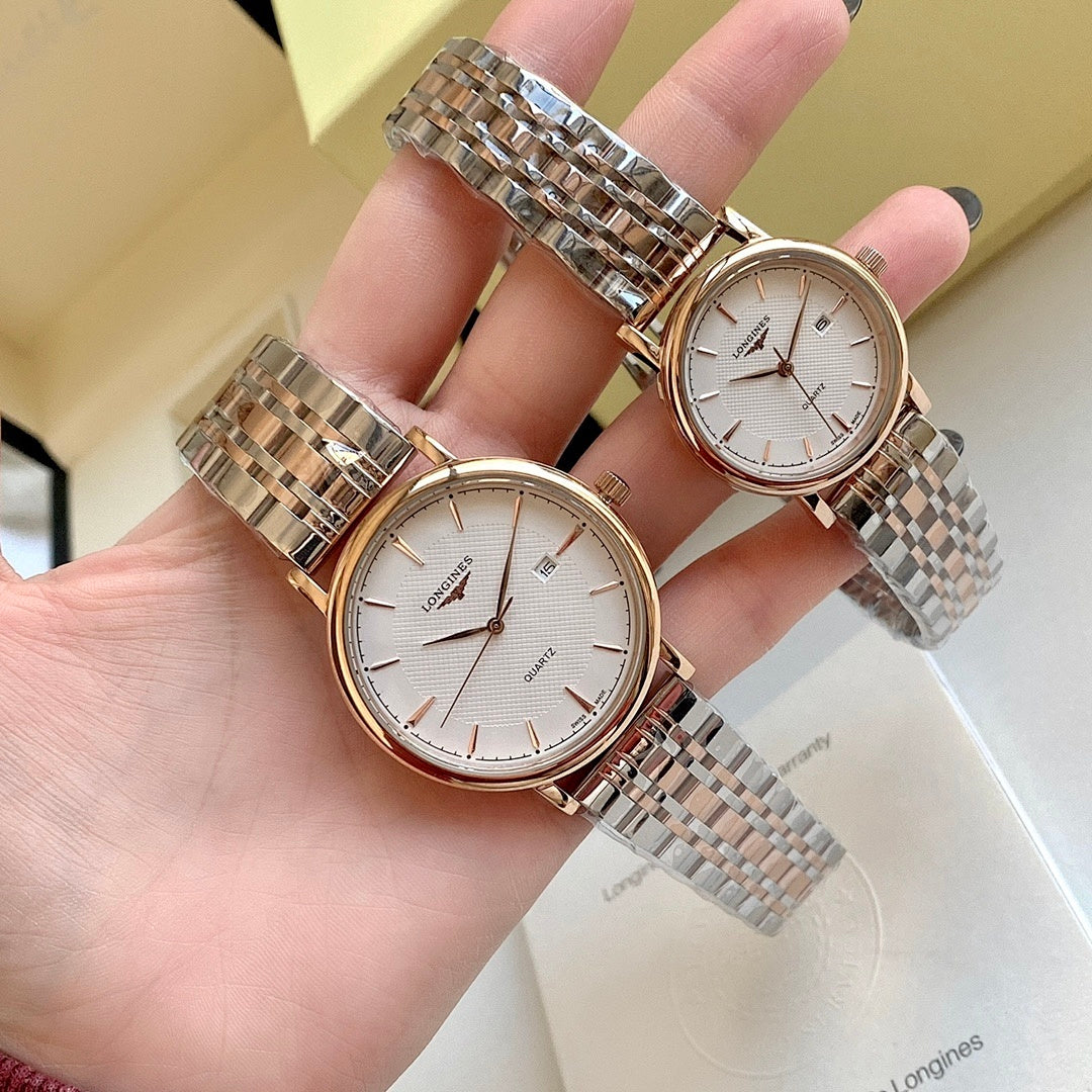 Pair of gold-tone stainless steel wristwatches with white dials and metal link bracelet straps