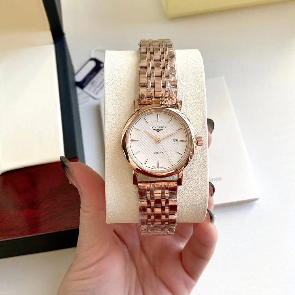 Rose gold-tone stainless steel wristwatch with white dial, round case, metal link bracelet
