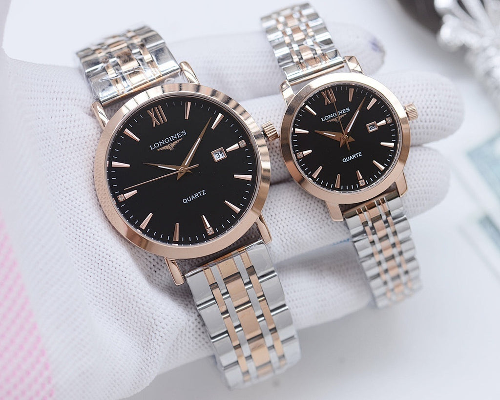 Longines quartz wristwatches with metal link straps, black dials, Roman numerals.