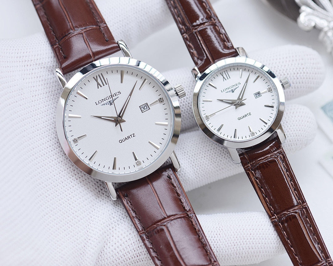 Longines quartz wristwatches with brown leather straps, white dials, rose-tone cases.