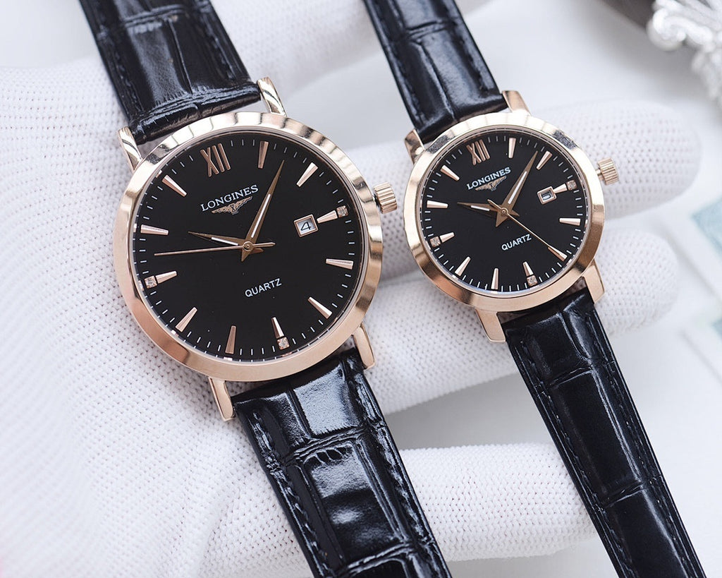 Longines quartz wristwatches with black leather straps, black dials, rose-tone cases.