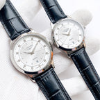 Longines watch: black leather strap, white dial with markers; paired second watch