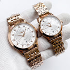 Longines watch: rose-gold metal bracelet, white dial; paired second watch matching