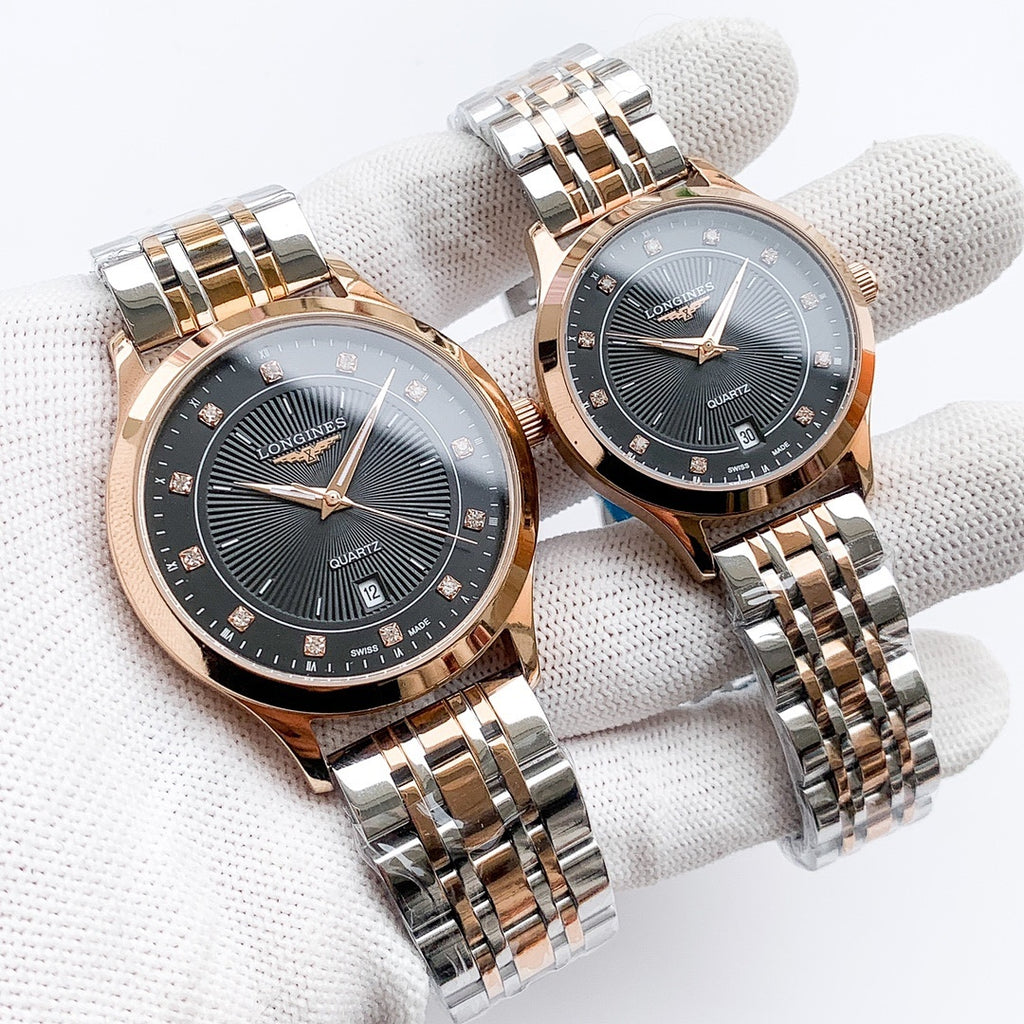 Longines watch: rose-gold bracelet, navy dial with markers; paired second watch