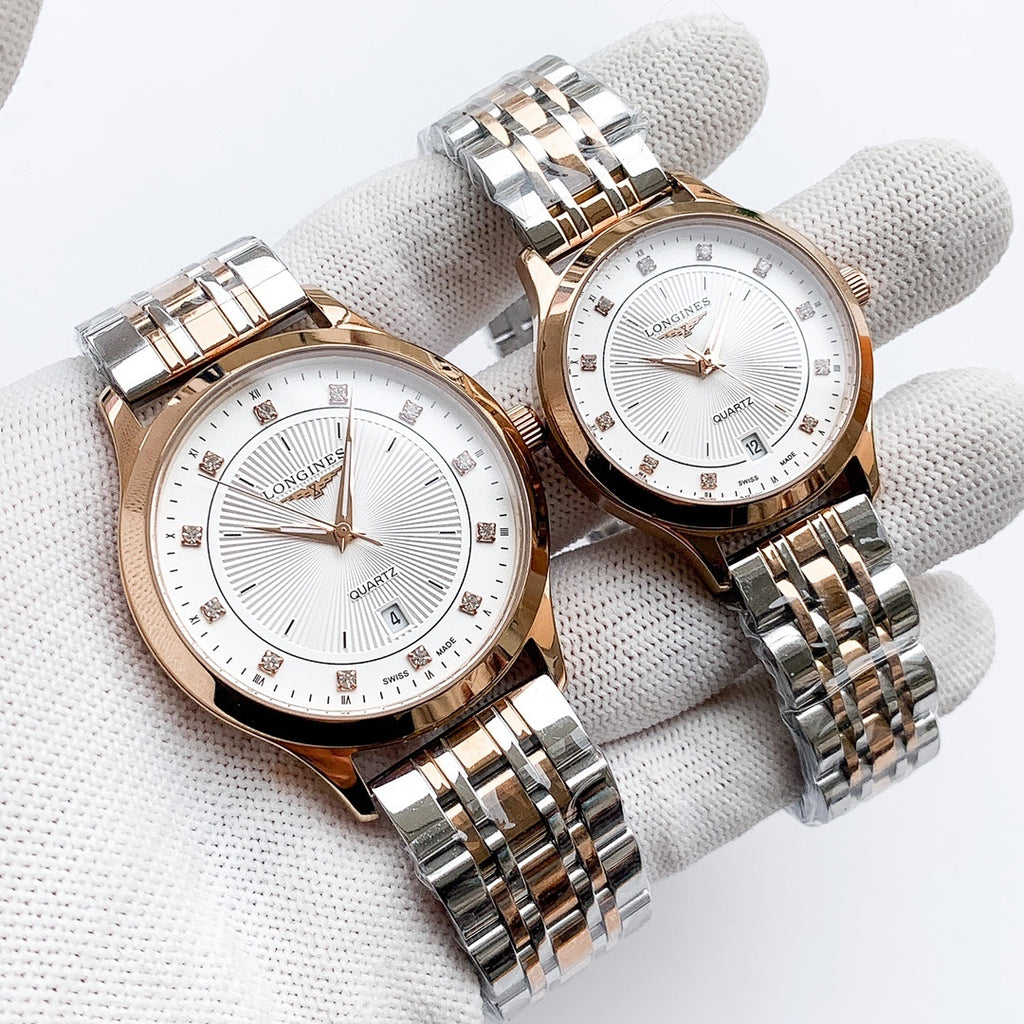 Longines watch: silver metal bracelet, white dial; paired second watch matching